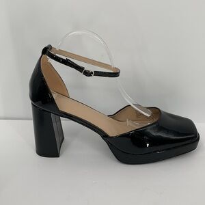 BP D'Orsay black patent pumps ankle strap chunky heel platform shoe Drag 14